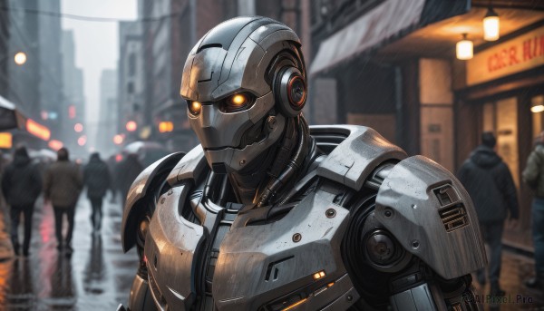 The charm of a cyborg in a bold rainy outdoors