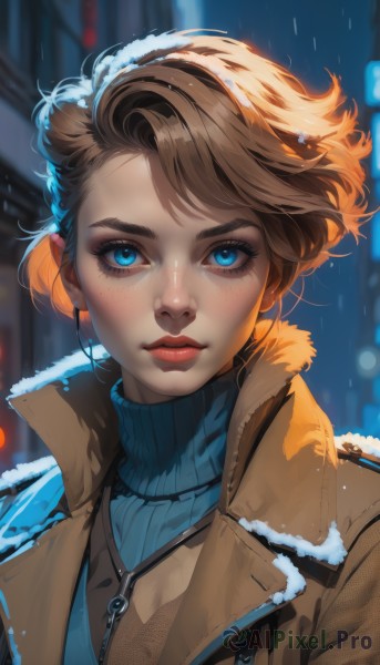 1girl,solo,looking at viewer,short hair,bangs,blue eyes,brown hair,jewelry,closed mouth,jacket,upper body,outdoors,artist name,necklace,blurry,sweater,lips,coat,eyelashes,makeup,blurry background,turtleneck,lipstick,wind,portrait,snow,ribbed sweater,zipper,freckles,snowing,turtleneck sweater,nose,winter clothes,red lips,brown coat,blue sweater,fur trim,night,depth of field,swept bangs,thick eyebrows,eyeshadow,backlighting,rain,brown jacket,eyeliner,mascara