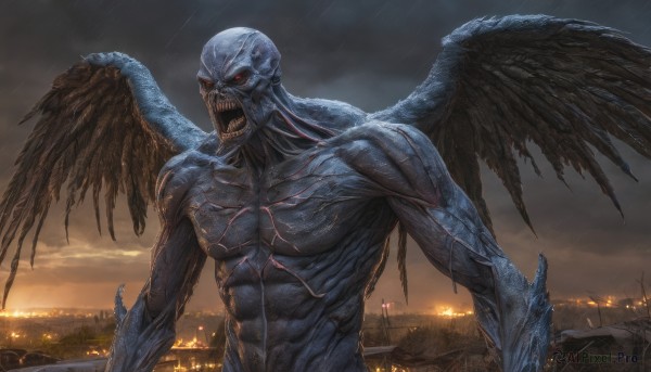 solo,open mouth,red eyes,1boy,upper body,male focus,outdoors,wings,sky,teeth,cloud,no humans,muscular,glowing,fangs,abs,cloudy sky,sharp teeth,building,glowing eyes,rain,black wings,veins,skull,monster,city,cityscape,kaijuu,colored skin,fire,feathered wings,giant,extra eyes,alien