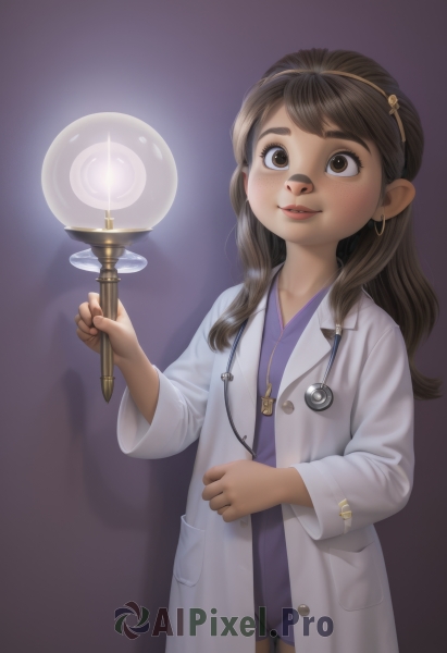 1girl,solo,long hair,smile,brown hair,holding,brown eyes,jewelry,hairband,earrings,lips,loli,shadow,child,labcoat,female child,candle,stethoscope,light bulb,doctor,parted lips,realistic,nose