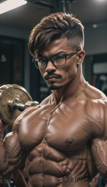 solo,looking at viewer,short hair,brown hair,black hair,1boy,navel,holding,jewelry,closed mouth,nipples,upper body,male focus,nude,earrings,glasses,indoors,dark skin,necklace,blurry,tattoo,muscular,blurry background,facial hair,piercing,abs,dark-skinned male,pectorals,muscular male,bara,beard,large pectorals,veins,black-framed eyewear,mature male,realistic,mustache,manly,undercut,chest hair,biceps,gym,dumbbell,weightlifting,blue eyes,artist name,lips,topless male,exercise,veiny arms