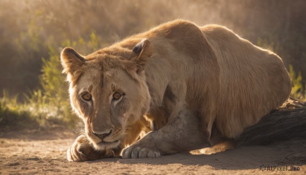 solo,looking at viewer,brown eyes,closed mouth,full body,outdoors,lying,day,blurry,no humans,depth of field,blurry background,animal,sunlight,on stomach,nature,realistic,animal focus,signature