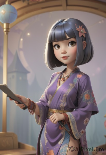 1girl,solo,breasts,looking at viewer,smile,short hair,bangs,black hair,hair ornament,long sleeves,holding,brown eyes,jewelry,closed mouth,standing,flower,cowboy shot,small breasts,japanese clothes,indoors,hair flower,wide sleeves,blunt bangs,kimono,necklace,blurry,bracelet,lips,sash,makeup,depth of field,blurry background,floral print,bob cut,lipstick,hand fan,pelvic curtain,side slit,red lips,blush,dress,phone,cellphone,smartphone,holding phone,nose