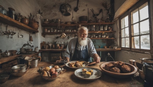 solo,blonde hair,shirt,1boy,white hair,male focus,food,day,indoors,apron,cup,window,facial hair,table,bottle,knife,beard,plate,sleeves rolled up,bowl,spoon,mustache,basket,bread,old,old man,cooking,shelf,kitchen,jar,counter,tongs,holding,sitting,closed eyes,fruit,scar,scenery,realistic,bald,cookie,wrinkled skin