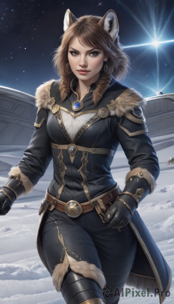 1girl,solo,long hair,breasts,looking at viewer,smile,brown hair,gloves,long sleeves,animal ears,brown eyes,jewelry,medium breasts,cowboy shot,earrings,boots,outdoors,sky,black gloves,belt,pants,artist name,medium hair,armor,mole,lips,coat,hand on hip,fur trim,makeup,night,drill hair,black pants,lipstick,gauntlets,star (sky),snow,starry sky,snowing,winter clothes,red lips,space,raccoon ears,leather,lion ears,fur boots,bangs,standing,wolf ears,dog ears,night sky,backlighting