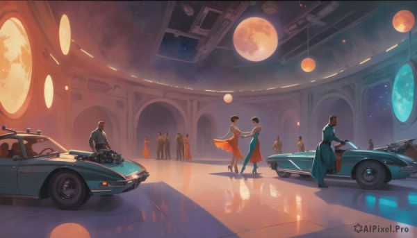 1girl,short hair,multiple girls,brown hair,black hair,dress,standing,multiple boys,sky,high heels,night,blue dress,shadow,holding hands,formal,moon,suit,ground vehicle,star (sky),motor vehicle,reflection,6+boys,car,space,dancing,wide shot,vehicle focus,orange dress,reflective floor,hat,indoors,6+girls,scenery,walking,science fiction,planet