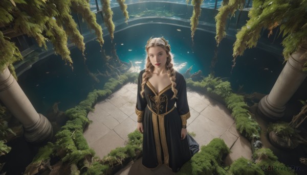 1girl,solo,long hair,breasts,looking at viewer,large breasts,brown hair,long sleeves,dress,cleavage,brown eyes,medium breasts,standing,collarbone,braid,water,black dress,twin braids,lips,leaf,from above,looking up,plant,scenery,fantasy,arms at sides,ruins,vines,pillar,moss,overgrown,ivy,blue eyes,blonde hair