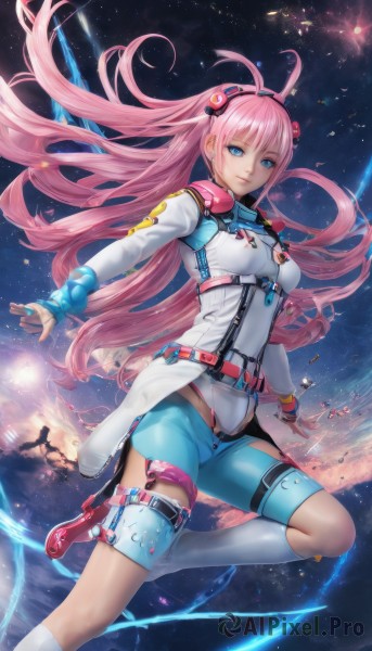 1girl,solo,long hair,breasts,looking at viewer,smile,bangs,blue eyes,hair ornament,long sleeves,medium breasts,very long hair,standing,pink hair,hairband,sky,shorts,socks,belt,kneehighs,bodysuit,thigh strap,floating hair,leg up,antenna hair,star (sky),skin tight,starry sky,science fiction,space,holster,jewelry,closed mouth,ahoge,small breasts,boots,leotard,headgear,ring,standing on one leg,outstretched arms,zipper,planet,thigh holster