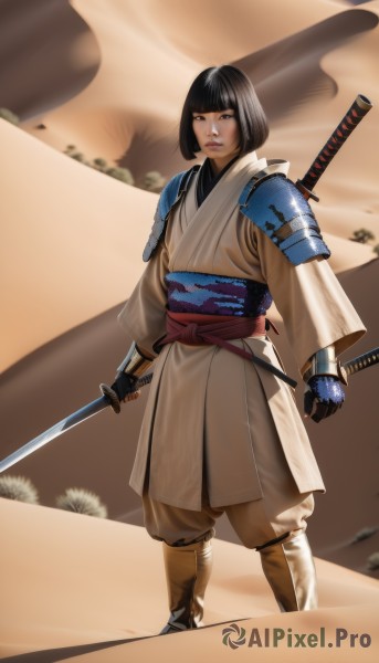 1girl,solo,looking at viewer,short hair,bangs,black hair,gloves,holding,brown eyes,standing,weapon,japanese clothes,sword,blunt bangs,fingerless gloves,kimono,holding weapon,armor,black eyes,lips,sash,holding sword,obi,bob cut,katana,shoulder armor,sheath,sand,japanese armor,sode,desert,samurai,full body,boots,black gloves,wide sleeves,realistic