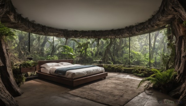 outdoors,day,indoors,tree,pillow,no humans,window,bed,sunlight,plant,nature,scenery,forest,grass,bench