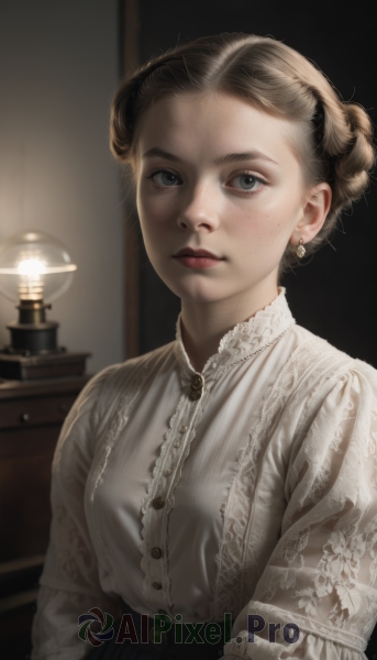 1girl,solo,looking at viewer,short hair,blue eyes,skirt,blonde hair,brown hair,shirt,long sleeves,jewelry,closed mouth,white shirt,upper body,earrings,indoors,black skirt,hair bun,lips,makeup,buttons,single hair bun,freckles,realistic,nose,red lips,lamp,updo,breasts,braid,grey eyes,lipstick,blouse,mole on cheek