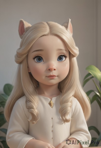 1girl,solo,long hair,looking at viewer,blue eyes,blonde hair,shirt,long sleeves,animal ears,closed mouth,white shirt,upper body,indoors,cat ears,blurry,lips,eyelashes,buttons,plant,child,forehead,freckles,curly hair,realistic,nose,bangs,artist name,animal ear fluff,parted bangs,drill hair,cat girl,female child,ringlets