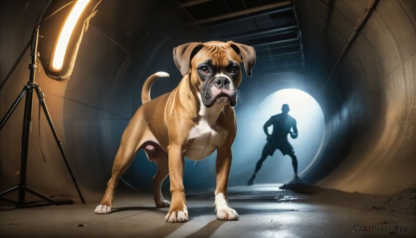 HQ,1boy,standing,indoors,signature,no humans,shadow,animal,parody,1other,science fiction,dog,realistic,light,whiskers,flashlight,looking at viewer,open mouth,brown eyes,full body,teeth,monster,spotlight