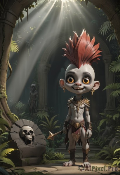 looking at viewer,smile,open mouth,1boy,navel,holding,jewelry,standing,full body,yellow eyes,weapon,male focus,red hair,earrings,multiple boys,barefoot,teeth,necklace,holding weapon,bracelet,tree,colored skin,piercing,sunlight,plant,sharp teeth,pelvic curtain,furry,topless male,skull,light rays,bracer,furry male,sunbeam,ruins,loincloth,pillar,statue,column,goblin,tribal,1girl,solo,breasts,short hair,small breasts,outdoors,orange eyes,muscular,abs,nature,armlet,forest,colored sclera,muscular female,toeless legwear,facepaint,grey skin,topknot,yellow sclera,mohawk,nose piercing,eyebrow piercing