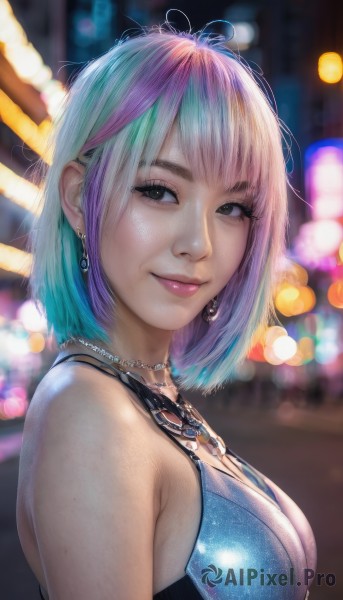 1girl,solo,breasts,looking at viewer,smile,short hair,bangs,dress,cleavage,bare shoulders,jewelry,medium breasts,closed mouth,blue hair,upper body,pink hair,purple hair,multicolored hair,earrings,necklace,blurry,black eyes,from side,two-tone hair,lips,looking to the side,eyelashes,aqua hair,gradient hair,makeup,depth of field,blurry background,blue dress,freckles,realistic,nose,bokeh,sleeveless,artist name,streaked hair,night,watermark,lipstick,pink lips,mascara