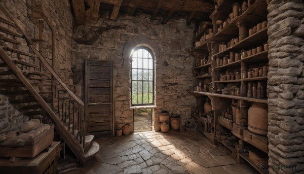 day,indoors,book,dutch angle,no humans,window,chair,table,sunlight,bottle,grass,plant,box,scenery,wooden floor,stairs,door,bookshelf,brick wall,shelf,ladder,barrel,treasure chest,crate,wood,brick,potted plant,bucket,stool