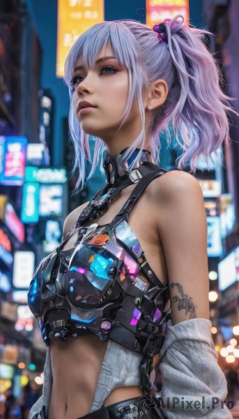 1girl,solo,long hair,breasts,looking at viewer,bangs,blue eyes,hair ornament,navel,bare shoulders,jewelry,upper body,ponytail,pink hair,sidelocks,earrings,small breasts,outdoors,midriff,belt,off shoulder,blurry,lips,clothing cutout,tattoo,depth of field,blurry background,piercing,ear piercing,science fiction,city,realistic,nose,navel cutout,cyborg,cyberpunk,twintails,closed mouth,purple hair,grey hair,heart,detached sleeves,stomach,armor,crop top,makeup,night,looking away,looking up,eyeshadow,breastplate,city lights,neon lights