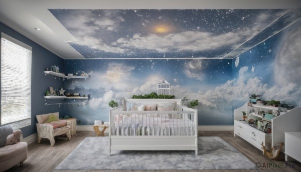 food,sky,cloud,indoors,tree,cup,pillow,book,no humans,window,bed,night,chair,stuffed toy,moon,table,stuffed animal,bottle,plant,building,box,star (sky),night sky,scenery,couch,plate,starry sky,wooden floor,stairs,clock,bookshelf,potted plant,lamp,planet,shelf,carpet,rug,globe,day,space