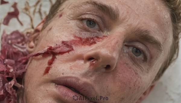 solo,looking at viewer,blue eyes,blonde hair,brown hair,1boy,male focus,parted lips,blurry,lips,grey eyes,blood,portrait,close-up,freckles,injury,blood on face,realistic,guro,teeth,blurry background