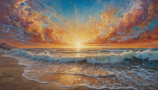 outdoors,sky,cloud,water,blue sky,no humans,bird,ocean,traditional media,beach,sunlight,cloudy sky,scenery,sunset,sand,sun,horizon,painting (medium),waves,shore,orange sky,footprints,signature