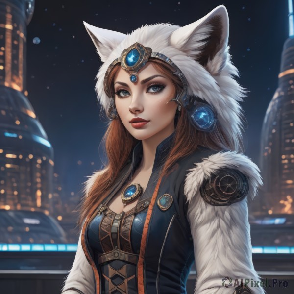 1girl,solo,long hair,breasts,looking at viewer,blue eyes,brown hair,hat,animal ears,cleavage,jewelry,medium breasts,upper body,outdoors,sky,hood,necklace,lips,fur trim,eyelashes,makeup,night,lipstick,brooch,building,gem,night sky,pendant,eyeshadow,freckles,city,nose,red lips,ears through headwear,artist name,blurry,web address,cityscape,forehead jewel