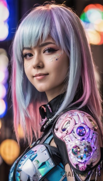 1girl,solo,long hair,looking at viewer,smile,bangs,closed mouth,upper body,pink hair,white hair,multicolored hair,blurry,black eyes,from side,two-tone hair,lips,grey eyes,gradient hair,makeup,depth of field,blurry background,facial mark,science fiction,realistic,nose,cyborg,cyberpunk,streaked hair,portrait,zipper,mechanical parts