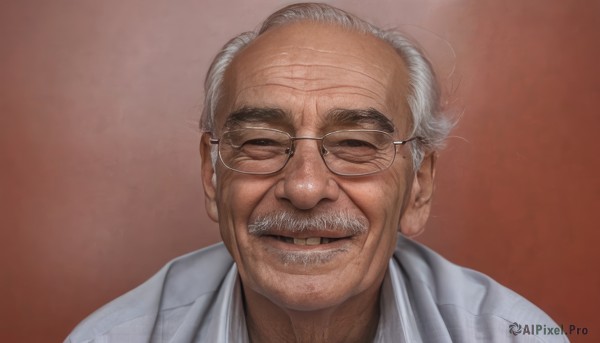 solo,looking at viewer,smile,simple background,shirt,1boy,closed eyes,upper body,white hair,grey hair,male focus,parted lips,glasses,mole,gradient,gradient background,mole under eye,facial hair,portrait,facing viewer,red background,realistic,round eyewear,mustache,labcoat,old,old man,wrinkled skin,open mouth,teeth,beard,forehead