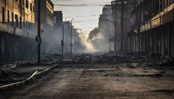 outdoors,sky,day,cloud,no humans,building,scenery,smoke,city,road,cityscape,ruins,power lines,lamppost,street,utility pole,fog,window,cloudy sky