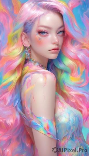 1girl,solo,long hair,breasts,looking at viewer,blush,blue eyes,dress,bare shoulders,jewelry,closed mouth,upper body,pink hair,multicolored hair,earrings,choker,artist name,from side,lips,grey eyes,eyelashes,makeup,wavy hair,gem,eyeshadow,nose,eyeliner,colorful,mascara,rainbow hair,medium breasts,blue hair,green hair,necklace,looking to the side,gradient hair,blue dress,facial mark,forehead,pink lips,pearl (gemstone)