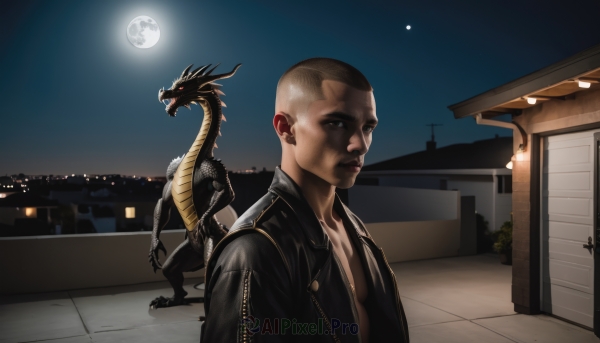 solo,looking at viewer,red eyes,1boy,jacket,male focus,outdoors,open clothes,sky,open jacket,black jacket,night,moon,dark-skinned male,building,night sky,full moon,monster,realistic,dragon,bald,very short hair,leather,leather jacket,buzz cut,godzilla,brown eyes,jewelry,earrings,teeth,dark skin,sharp teeth,alien,mohawk,kaijuu