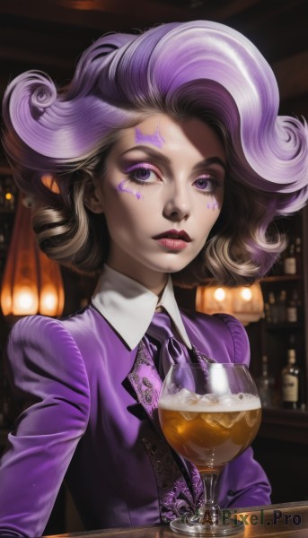 1girl,solo,looking at viewer,short hair,shirt,purple eyes,jacket,upper body,purple hair,multicolored hair,parted lips,necktie,collared shirt,indoors,signature,medium hair,star (symbol),blurry,two-tone hair,cup,lips,eyelashes,makeup,facial mark,formal,bottle,suit,lipstick,alcohol,eyeshadow,drinking glass,curly hair,nose,glass,eyeliner,wine glass,facepaint,purple jacket,wine,wine bottle,purple necktie,mascara,bar (place),purple eyeshadow,jewelry,earrings,artist name,streaked hair,watermark,whiskey