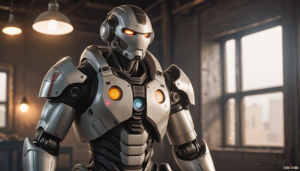 solo,1boy,upper body,male focus,artist name,indoors,armor,blurry,orange eyes,no humans,window,blurry background,glowing,robot,mecha,glowing eyes,science fiction,realistic,android,lamp,robot joints,power armor,lights,humanoid robot,looking ahead,ceiling light