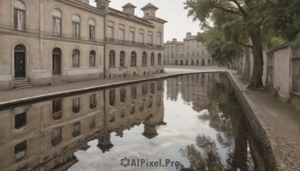 outdoors,sky,day,cloud,water,tree,no humans,window,building,scenery,reflection,road,architecture,house,bridge,river,reflective water,bush,tower,arch