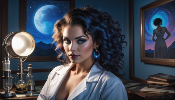 1girl,solo,long hair,breasts,looking at viewer,smile,blue eyes,shirt,black hair,dress,cleavage,jewelry,medium breasts,collarbone,white shirt,upper body,earrings,parted lips,open clothes,sky,indoors,dark skin,white dress,mole,dark-skinned female,lips,book,eyelashes,window,open shirt,makeup,night,wavy hair,moon,lipstick,curtains,messy hair,star (sky),night sky,full moon,starry sky,reflection,curly hair,hands on hips,mirror,realistic,nose,lamp,book stack,painting (object),moonlight,drawer,eyeshadow,hourglass