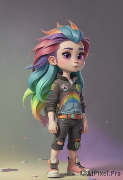 1girl,solo,long hair,blush,smile,blonde hair,simple background,shirt,long sleeves,1boy,jewelry,closed mouth,blue hair,standing,purple eyes,jacket,full body,purple hair,male focus,multicolored hair,earrings,green hair,open clothes,shoes,shorts,belt,pants,artist name,two-tone hair,open jacket,black jacket,gradient,torn clothes,gradient hair,makeup,watermark,black pants,piercing,denim,red footwear,sneakers,ear piercing,child,web address,androgynous,buckle,sleeves rolled up,zipper,personification,freckles,walking,belt buckle,arms at sides,female child,stud earrings,male child,leather,badge,torn pants,leather jacket,button badge,patch,rainbow hair,looking at viewer,bangs,very long hair,pink hair,grey background,necklace,star (symbol),flat chest,lips,gradient background,eyelashes,multicolored clothes,eyeshadow,cross-laced footwear,confetti,star print,zipper pull tab,rainbow,hair slicked back,multicolored jacket,sleeves pushed up,two-tone jacket