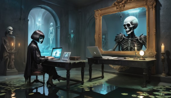 1girl,long sleeves,sitting,indoors,hood,water,cape,black footwear,high heels,mask,glowing,chair,table,fire,cloak,desk,hood up,reflection,skull,robe,mirror,black cape,candle,dark,computer,monitor,hooded cloak,skeleton,laptop,black cloak,black robe,different reflection,solo,short hair,black hair,dress,holding,black dress,ghost,flame,blue fire,lily pad