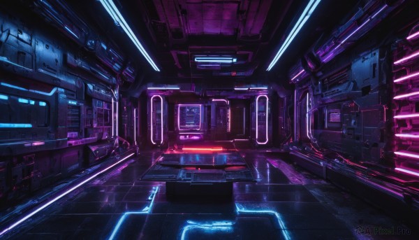 indoors,no humans,window,scenery,science fiction,ceiling,train station,glowing,tiles,cable,tile floor,monitor,lights,neon lights,screen