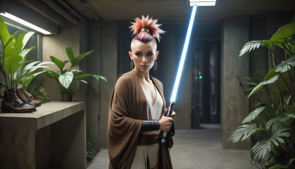 1girl,solo,breasts,looking at viewer,short hair,holding,cleavage,jewelry,medium breasts,ponytail,weapon,pink hair,multicolored hair,earrings,japanese clothes,sword,indoors,holding weapon,two-tone hair,parody,plant,science fiction,robe,hoop earrings,realistic,potted plant,bracer,topknot,energy sword,lightsaber,blue eyes,belt,lips,makeup,animification,mohawk