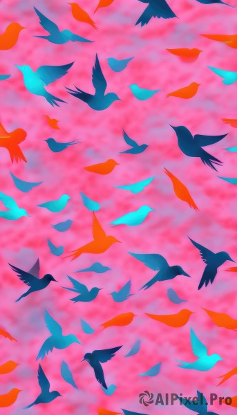 blurry,no humans,bird,animal,from above,scenery,flying,animal focus,too many,flock,outdoors,sky,petals,depth of field,pink background,nature,silhouette