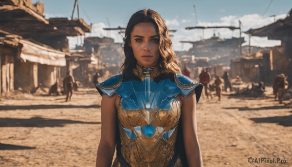 1girl,solo,long hair,breasts,looking at viewer,brown hair,black hair,brown eyes,closed mouth,upper body,outdoors,sky,sleeveless,solo focus,day,dark skin,armor,blurry,dark-skinned female,blue sky,lips,blurry background,shoulder armor,pauldrons,breastplate,realistic,nose,mole,depth of field,sand,desert,army