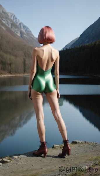 1girl,solo,short hair,brown hair,bare shoulders,standing,swimsuit,full body,pink hair,ass,red hair,boots,outdoors,sky,day,water,from behind,high heels,leotard,one-piece swimsuit,back,bob cut,high heel boots,reflection,rock,mountain,backless outfit,arms at sides,facing away,bare back,shoulder blades,river,lake,median furrow,green one-piece swimsuit,legs,long legs