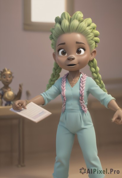 1girl,long hair,looking at viewer,smile,open mouth,multiple girls,holding,2girls,brown eyes,braid,green hair,solo focus,indoors,dark skin,blurry,twin braids,dark-skinned female,depth of field,blurry background,child,female child,overalls,solo,bangs,shirt,1boy,twintails,collarbone,pink hair,multicolored hair,teeth,pants,gradient hair,bandaid,paper,dreadlocks