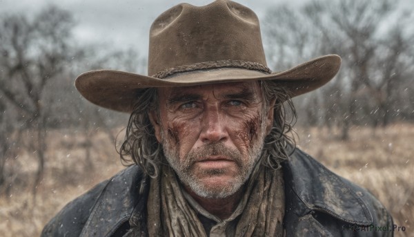 solo,looking at viewer,blue eyes,brown hair,1boy,hat,closed mouth,jacket,upper body,male focus,outdoors,medium hair,scarf,blurry,tree,blurry background,facial hair,scar,blue jacket,portrait,beard,scar on face,snowing,realistic,brown headwear,manly,cowboy hat,day,grey eyes,snow,brown jacket,serious,scar across eye,bare tree,grey sky,cowboy western