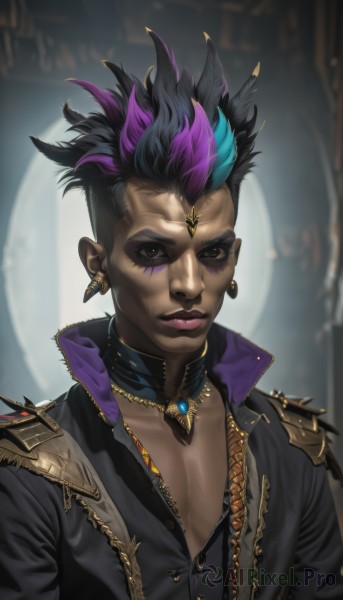 solo,looking at viewer,short hair,shirt,black hair,1boy,jewelry,closed mouth,blue hair,collarbone,jacket,upper body,pink hair,purple hair,male focus,multicolored hair,earrings,open clothes,alternate costume,choker,dark skin,blurry,black eyes,collar,two-tone hair,open jacket,official alternate costume,lips,streaked hair,black jacket,black shirt,makeup,blurry background,facial mark,dark-skinned male,feathers,lipstick,gem,eyeshadow,nose,straight-on,purple lips,mascara,eyebrow cut,1girl,bangs,brown eyes,dark-skinned female,scar,feather hair ornament,very short hair