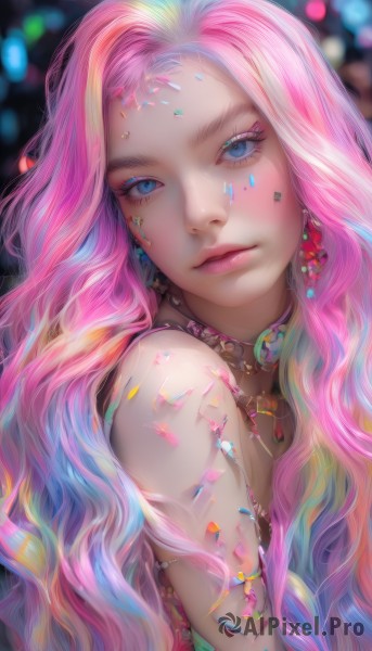 1girl,solo,long hair,looking at viewer,blue eyes,bare shoulders,jewelry,closed mouth,blue hair,upper body,pink hair,multicolored hair,earrings,necklace,blurry,lips,head tilt,eyelashes,gradient hair,makeup,depth of field,blurry background,wavy hair,facial mark,lipstick,gem,eyeshadow,crystal,pink lips,nose,colorful,mascara,rainbow hair,choker,artist name,star (symbol),bracelet,two-tone hair,portrait,forehead,realistic