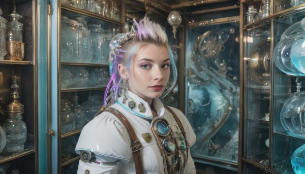 1girl,solo,looking at viewer,short hair,blue eyes,blonde hair,hair ornament,jewelry,closed mouth,upper body,white hair,multicolored hair,earrings,artist name,indoors,hair bun,two-tone hair,lips,streaked hair,grey eyes,makeup,bottle,lipstick,gem,eyeshadow,reflection,science fiction,crystal,realistic,nose,fantasy,glass,shelf,jar,flask,steampunk,hourglass,long hair,shirt,pink hair,purple hair,signature,gears,loaded interior