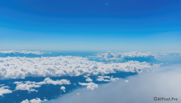 monochrome,outdoors,sky,day,cloud,blue sky,no humans,cloudy sky,scenery,blue theme,horizon,landscape,above clouds,ocean,star (sky)