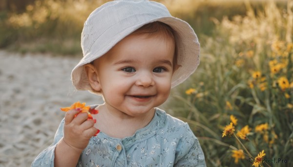 solo,looking at viewer,smile,brown hair,shirt,1boy,hat,holding,upper body,flower,male focus,outdoors,parted lips,day,blurry,black eyes,depth of field,blurry background,white headwear,blue shirt,child,realistic,yellow flower,holding flower,male child,field,flower field,1girl,short hair,open mouth,brown eyes,hand up,portrait,old woman