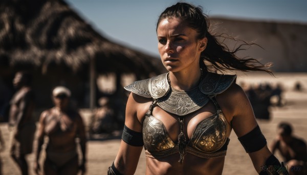 1girl,long hair,breasts,black hair,cleavage,medium breasts,upper body,outdoors,multiple boys,solo focus,dark skin,armor,blurry,lips,looking to the side,blurry background,shoulder armor,armlet,breastplate,realistic,bikini armor,dirty,desert,solo,closed eyes,one eye closed,scar,armband,chainmail