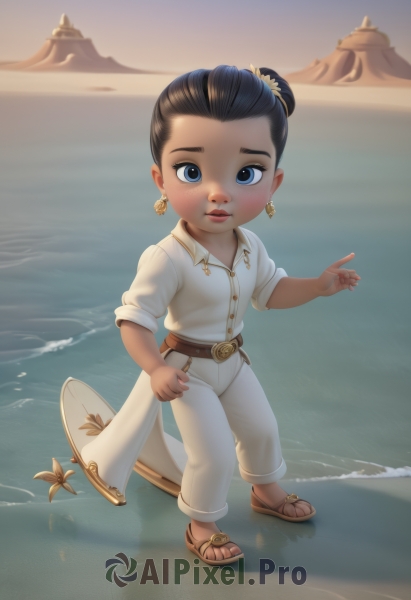 1girl,solo,looking at viewer,blush,short hair,blue eyes,shirt,black hair,hat,jewelry,standing,full body,white shirt,earrings,outdoors,belt,pants,dark skin,water,hair bun,dark-skinned female,lips,ocean,beach,sandals,single hair bun,pointing,child,freckles,white pants,sand,female child,desert,brown hair,hair ornament